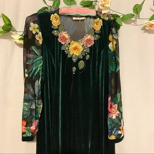 YBKCP Velvet Floral Embroidered Green Dress